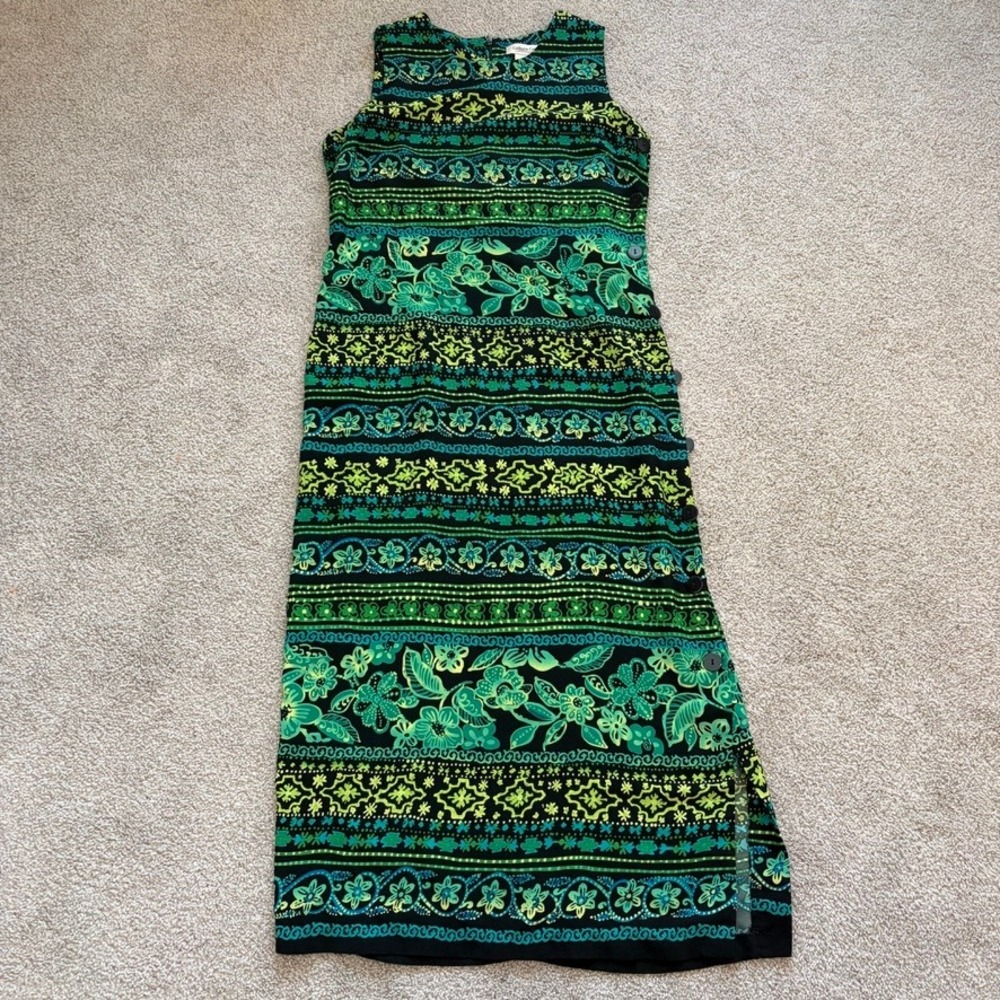 Vintage Coldwater Creek Maxi Beach Dress Womens 12 Green Tropical Vacation Tank